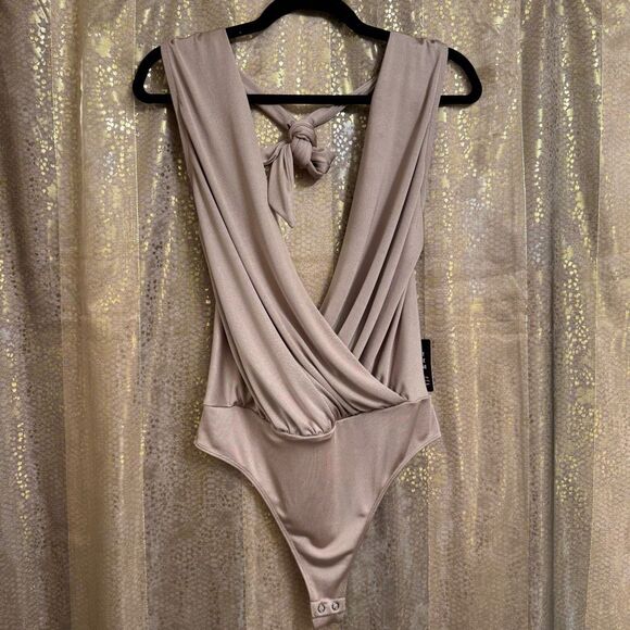 Express Tan Shiny Stretchy Wrap Front Halter Tie Neck Bodysuit Medium NWT - Picture 1 of 11